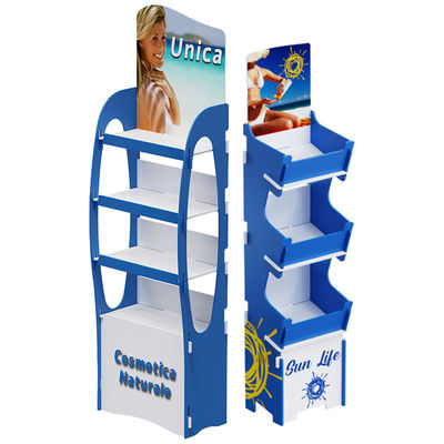 Anpassungsfähiger Karton-Boden-Display-Stand für Sperrholz-Hautpflegeprodukte und Babysonnencreme für Einzelhandelsgeschäfte