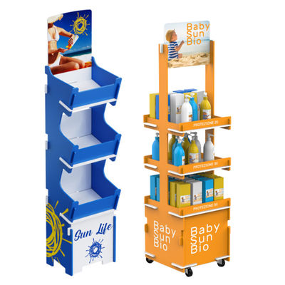 Anpassungsfähiger Karton-Boden-Display-Stand für Sperrholz-Hautpflegeprodukte und Babysonnencreme für Einzelhandelsgeschäfte