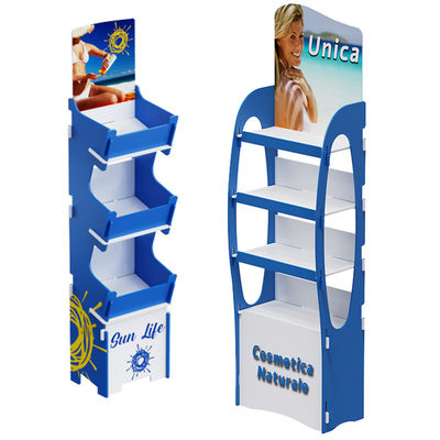 Anpassungsfähiger Karton-Boden-Display-Stand für Sperrholz-Hautpflegeprodukte und Babysonnencreme für Einzelhandelsgeschäfte